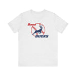 Bend Bucks Premium Lightweight T-Shirt in ash with the Bend Bucks logo, a leaping buck over a red-stitched baseball on the front