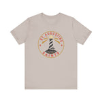 St. Augustine Saints Premium Lightweight T-Shirt in heather cool grey with the black and white striped lighthouse emblem with gold rays on the front