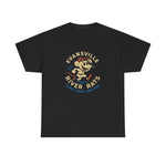 Black heavyweight cotton t-shirt featuring a vintage Evansville River Rats baseball team logo with running rat graphic.