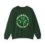 Roseburg Shamrocks Crewneck Sweatshirt in forest green with the Roseburg Shamrocks logo, a shamrock of baseballs with a bat stem in a green ring on the front