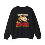 Woonsocket Speeders Crewneck Sweatshirt in black with the Woonsocket Speeders logo, a running baseball character with speed lines and its cap flying off, over Speeders in bold red italic letters on the front
