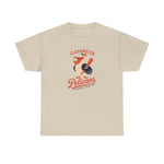 Clearwater Pelicans Heavyweight T-Shirt in sand with the navy and orange pelican holding a baseball in its beak and a bat on the front