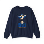 Sarasota Gulls Crewneck Sweatshirt in navy with the cream cartoon gull balancing on a baseball with wings spread on the front