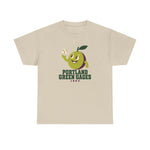 Portland Green Gages Heavyweight T-Shirt in sand with the Portland Green Gages logo, a cartoon green plum tossing a baseball on the front
