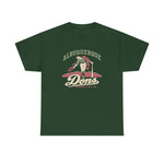 Albuquerque Dons Heavyweight T-Shirt in forest green with the Albuquerque Dons logo, a caped ballplayer bowing with his hat swept off in front of pink mountains, with Dons in cream script on the front