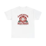 Lancaster Red Roses Heavyweight T-Shirt in white with the Lancaster Red Roses logo, a red rose with a baseball at its center on the front