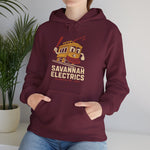 Savannah Electrics Hoodie in maroon with the yellow cartoon trolley car mascot swinging a bat with sparks on the front, worn by model