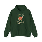 Macon Peaches Hoodie in forest green with the cartoon peach mascot tossing a baseball on the front