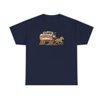 Clovis Pioneers Heavyweight T-Shirt in navy with the Clovis Pioneers logo, a ballplayer with a raised bat riding a horse-drawn covered wagon, with Pioneers on the canvas on the front