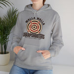Walla Walla Sharpshooters Hoodie in sport grey with the Walla Walla Sharpshooters logo, a bullseye target crossed by baseball stitching on the front, worn by model