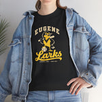 Eugene Larks Heavyweight T-Shirt in black with the Eugene Larks logo, a cartoon meadowlark with a bat and a baseball on the front, worn by model