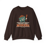 Miami Miners Crewneck Sweatshirt in dark chocolate with the Miami Miners logo, a smiling ore cart holding a bat on a mine track on the front