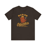 Marion Oilworkers Premium Lightweight T-Shirt in brown with the angry orange oil can character holding a wrench on the front