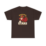 Phoenix Stars Heavyweight T-Shirt in dark chocolate with the Phoenix Stars logo, a red phoenix bird holding a bat, ringed by stars on the front