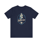 Navy blue Portland Blue Sox vintage baseball t-shirt with a retro pitcher graphic and Maine State League text.