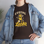 Eugene Larks Heavyweight T-Shirt in dark chocolate with the Eugene Larks logo, a cartoon meadowlark with a bat and a baseball on the front, worn by model