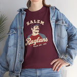 Salem Raglans Heavyweight T-Shirt in maroon with the Salem Raglans logo, a mustached ballplayer in a raglan shirt on the front, worn by model
