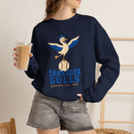 Sarasota Gulls Crewneck Sweatshirt in navy with the cream cartoon gull balancing on a baseball with wings spread on the front, worn by model