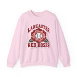 Lancaster Red Roses Crewneck Sweatshirt in light pink with the Lancaster Red Roses logo, a red rose with a baseball at its center on the front