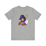 Merrillville Muddogs Premium Lightweight T-Shirt in athletic heather with the Merrillville Muddogs logo, a snarling bulldog in a purple cap holding a bat on the front