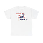 Bend Bucks Heavyweight T-Shirt in white with the Bend Bucks logo, a leaping buck over a red-stitched baseball on the front
