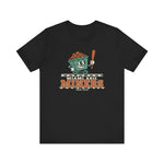Miami Miners Premium Lightweight T-Shirt in black with the Miami Miners logo, a smiling ore cart holding a bat on a mine track on the front