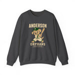 Anderson Orphans Crewneck Sweatshirt in dark heather with the golden dog batter in a cap and green striped jersey on the front
