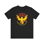Black Topeka Hawks vintage baseball team t-shirt with yellow hawk graphic and red text on front