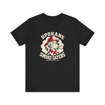 Spokane Smoke Eaters Premium Lightweight T-Shirt in black with the Spokane Smoke Eaters logo, a Dalmatian in a red fire helmet and bandana blowing smoke on the front