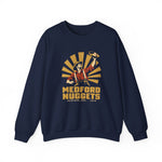 Medford Nuggets Crewneck Sweatshirt in navy with the Medford Nuggets logo, a gold prospector catching a baseball in his pan on the front