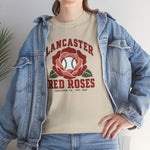 Lancaster Red Roses Heavyweight T-Shirt in sand with the Lancaster Red Roses logo, a red rose with a baseball at its center on the front, worn by model