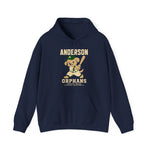 Anderson Orphans Hoodie in navy with the golden dog batter in a cap and green striped jersey on the front