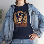 Dawson Stags Heavyweight T-Shirt in navy with the Dawson Stags logo, a stag ballplayer with a bat on his shoulder between canyon walls, with Stags in brown block letters on the front, worn by model
