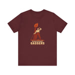 Shreveport Gassers Premium Lightweight T-Shirt in maroon with the red cartoon gas station attendant lighting a tall torch lamp on the front