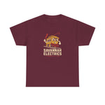 Savannah Electrics Heavyweight T-Shirt in maroon with the yellow cartoon trolley car mascot swinging a bat with sparks on the front