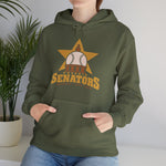 Phoenix Senators Hoodie in military green with the Phoenix Senators logo, a baseball as the capitol dome in front of a gold star on the front, worn by model