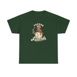 Tucson Lizards Heavyweight T-Shirt in forest green with the Tucson Lizards logo, a striped lizard in a ball cap lounging on a baseball on the front
