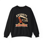 Everett Smokestackers Crewneck Sweatshirt in black with the Everett Smokestackers logo, a cartoon smokestack swinging a bat with a trail of smoke on the front