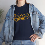 Anderson Lawmen Heavyweight T-Shirt in navy with the Anderson Lawmen logo, gold script lettering with a tail swoosh on the front, worn by model