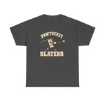 Pawtucket Slaters Heavyweight T-Shirt in dark heather with the Pawtucket Slaters logo, a cotton mill bobbin character in a ball cap swinging a bat, with a loose thread trailing behind on the front