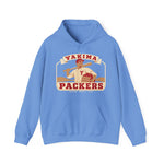 Yakima Packers Hoodie in carolina blue with the Yakima Packers logo, a ballplayer holding a bat and a crate of apples on the front