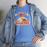 Yakima Packers Heavyweight T-Shirt in carolina blue with the Yakima Packers logo, a ballplayer holding a bat and a crate of apples on the front, worn by model