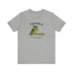Grey Topeka Owls vintage baseball team t-shirt with owl graphic and green and gold print on front