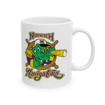 Norwich Navigators Baseball Mug with the green gator navigator logo peering through a bat spyglass inside a ship's wheel, right side view