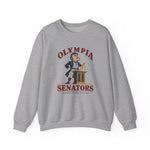 Olympia Senators Crewneck Sweatshirt in sport grey with the Olympia Senators logo, a bearded senator in a frock coat at a podium with a bat on the front