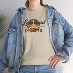 Lakeland Pilots Heavyweight T-Shirt in sand with the airplane propeller nose art over bold navy block lettering on the front, worn by model