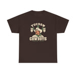 Tucson Cowboys Heavyweight T-Shirt in dark chocolate with the Tucson Cowboys logo, a cowboy in front of a saguaro with 1941 and 1953 pennant banners on the front