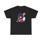 Merrillville Muddogs Heavyweight T-Shirt in black with the Merrillville Muddogs logo, a snarling bulldog in a purple cap holding a bat on the front