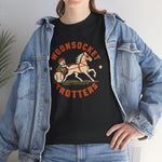 Woonsocket Trotters Heavyweight T-Shirt in black with the Woonsocket Trotters logo, a harness racing driver in a baseball cap behind a trotting horse, the sulky wheel drawn as a baseball on the front, worn by model