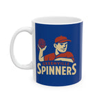 White ceramic mug with Greenville Spinners baseball player graphic and blue background, available in 11oz and 15oz sizes